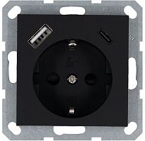 Розетка Shuko 16А с заземл. защ. шторки с 2-мя заряд. устройствами USB тип A+C 25Вт механизм черн. матов. soft touch Jasmart G5501USB-25PB